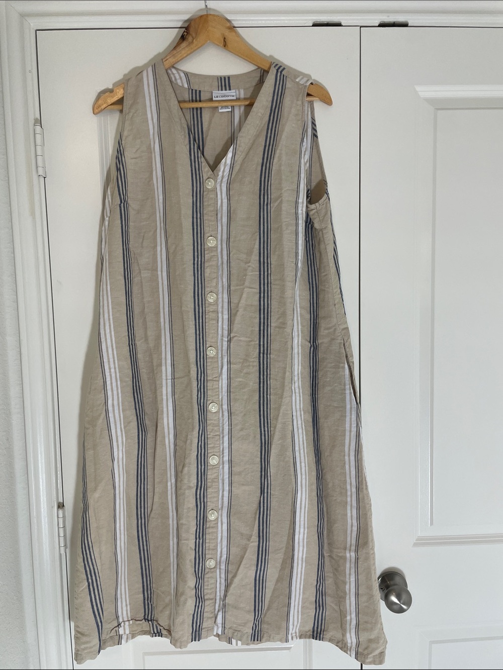 Liz Claiborne Linen Cotton Button-Front Striped Midi Dress - Beige, White & Navy